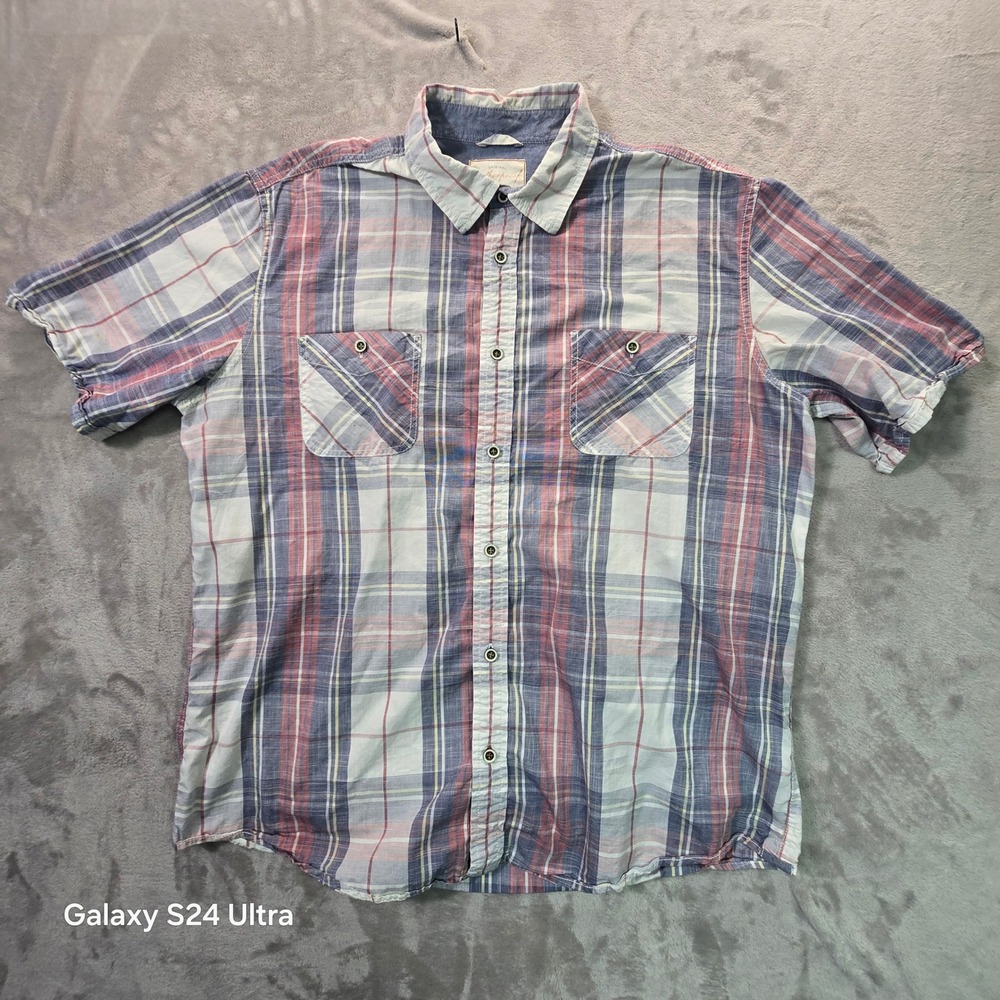 Weatherproof Vintage Mens XXL Plaid Short Sleeve Button Up Shirt Blue Red Cotton